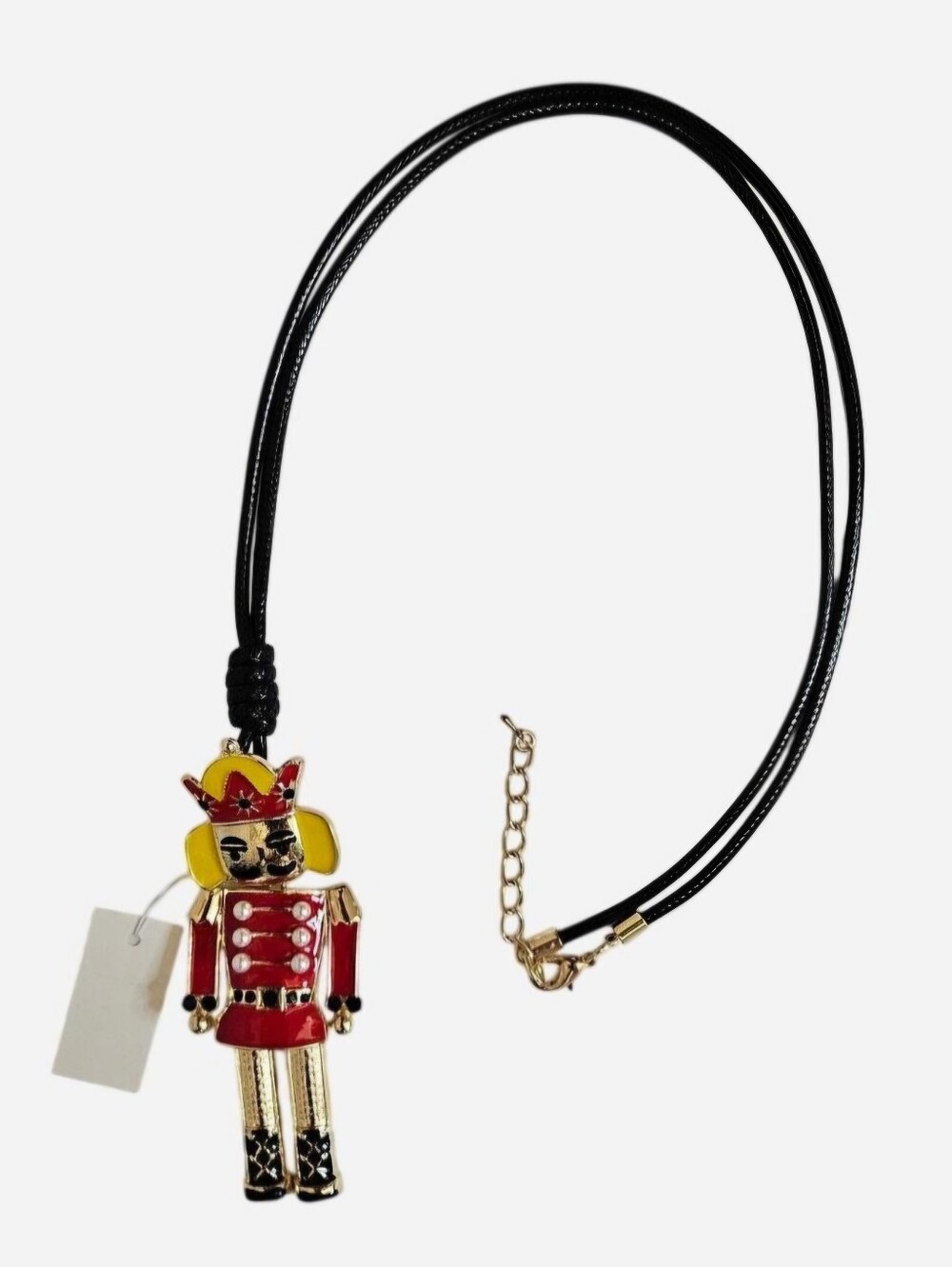 Nutcracker necklace with red & gold nutcracker figure with yellow hat & mustache